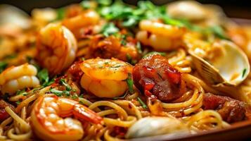 Close up of Asian noodle with seafood. Asian food concept photo