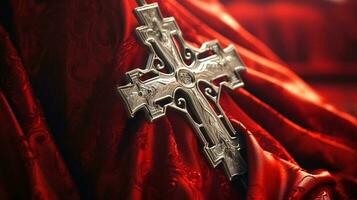 Metal Holy Cross on red shawl background. Lent season, Holy week and Good friday concept photo