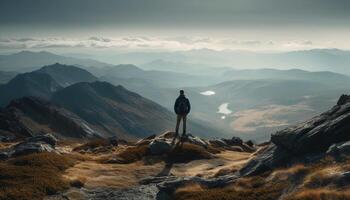 en pie en montaña cima, mochilero logra excursionismo éxito a puesta de sol generado por ai foto