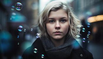 One young woman, outdoors at night, smiling and looking cute generated by AI photo