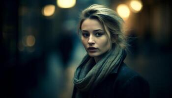 One young adult woman, outdoors, looking at camera with confidence generated by AI photo