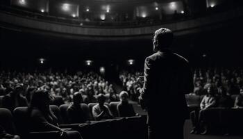 A large crowd sits in the auditorium, watching the performance generated by AI photo