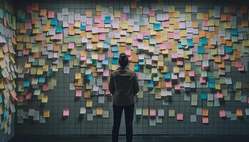 The businessman stands, holding a reminder, brainstorming ideas for success generated by AI photo