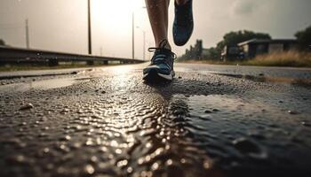 sano atleta trotar en el lluvia, formación para competencia al aire libre generado por ai foto