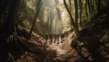 un grupo de hombres y mujer excursionismo mediante el bosque generado por ai foto