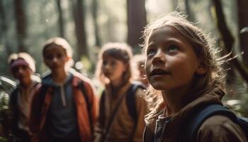 un multi étnico grupo de niños sonriente, excursionismo en naturaleza generado por ai foto