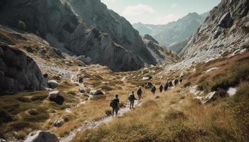 excursionismo mediante el nieve cubierto montaña rango, un extremo aventuras espera generado por ai foto