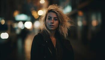 uno joven mujer, confidente y de moda, iluminado por calle ligero generado por ai foto