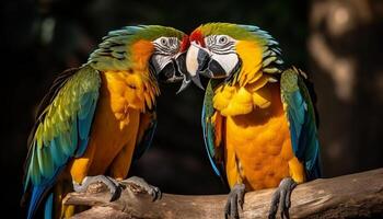Vibrant macaw perching on branch, showcasing multi colored feather beauty generated by AI photo