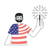 Patriotic caucasian man holding sparkler monochromatic flat vector character. Wearing american flag tshirt. Editable line half body person on white. Simple bw cartoon spot image for web graphic design