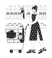 Woman buy vegetables bw concept vector spot illustration. Lady with full shopping cart 2D cartoon flat line monochromatic character for web UI design. Shopping editable isolated outline hero image