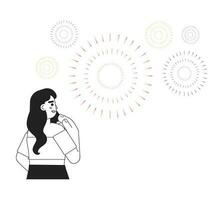 Caucasian brunette woman watching fireworks monochromatic flat vector character. America labor day. Editable line half body person on white. Simple bw cartoon spot image for web graphic design