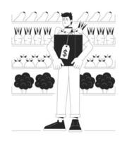 Unhappy man in grocery store bw concept vector spot illustration. Man hold package with goods 2D cartoon flat line monochromatic character for web UI design. Editable isolated outline hero image