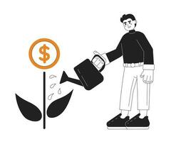 Man watering money plant 2D vector monochrome isolated spot illustration. Businessman grows up investition flat hand drawn hand drawn on white background. Colorful editable outline cartoon scene