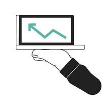 Hand show laptop monochrome flat vector object. Financial chart with arrow on screen. Editable black and white thin line icon. Simple cartoon clip art spot illustration for web graphic design