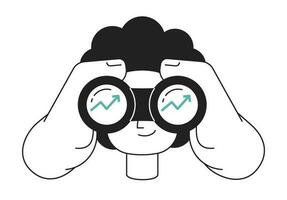 Businessman holding binoculars monochrome flat linear character head. Man looking on chart arrow up. Editable outline hand drawn human face. 2D cartoon spot vector avatar illustration for animation