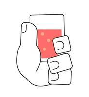 Holding glass with fruit punch cocktail monochromatic flat vector hand. Summertime juice. Tasty rum shot. Editable thin line clip art on white. Simple bw cartoon spot image for web graphic design