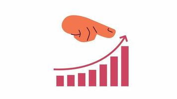 Market increase graph hand 2D animation. Finger pointing on growing arrow investment 4K video motion graphic. Horizontal chart infographic colorful animated cartoon flat concept, white background