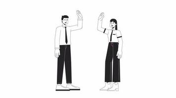 Teamwork businesspeople bw animation. Animated characters colleagues giving high five. Monochrome 2D flat outline cartoon 4K video, white background, alpha channel transparency for web design video