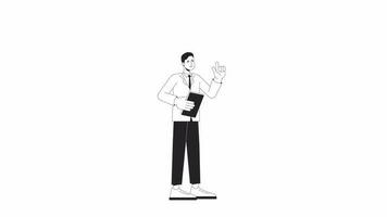 Male project manager bw animation. Animated character professional business man standing. Monochrome 2D flat outline cartoon 4K video, white background, alpha channel transparency for web design video