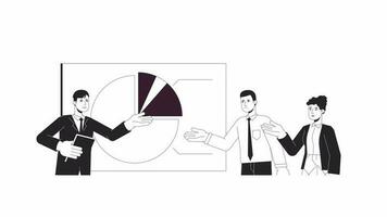 Coworkers discuss chart bw animation. Animated characters spokesman with colleagues. Monochrome 2D flat outline cartoon 4K video, white background, alpha channel transparency for web design video