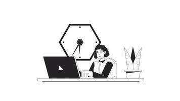 Female employee at desk bw animation. Animated character office worker laptop. HR manager. Monochrome 2D flat outline cartoon 4K video, white background, alpha channel transparency for web design video