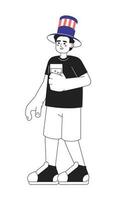 joven latino hombre con puñetazo vaso monocromo plano vector personaje. chico vistiendo 4to de julio sombrero. editable línea lleno cuerpo persona en blanco. sencillo bw dibujos animados Mancha imagen para web gráfico diseño