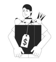 Man holds packet with goods flat line black white vector character. Editable outline half body man with purchases on white. Shopping simple cartoon isolated spot illustration for web graphic design