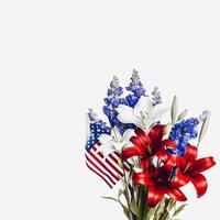 patriótico floraciones vibrante americano bandera color flores en un blanco antecedentes con Copiar espacio generativo ai foto