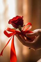 Romantic Gesture Tender Hands Grasping a Red Rose, Love Note Secured with Red Ribbon photo