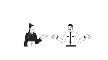 Coworkers collaboration bw animation. Animated characters colleagues reaching agreement. Monochrome 2D flat outline cartoon 4K video, white background, alpha channel transparency for web design video