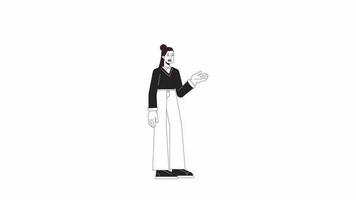 Asian woman counselor bw animation. Animated character counseling businesswoman. Millennial. Monochrome 2D flat outline cartoon 4K video, white background, alpha channel transparency for web design video
