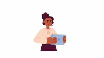 African american woman holding tablet 2D character animation. Black boss lady flat cartoon 4K video, transparent alpha channel. Female executive with tablet animated person on white background video