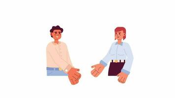 Closing business deal cartoon animation. Woman and man startup partners shaking hands 4K video motion graphic. Business success couple 2D colorful animated characters isolated on white background