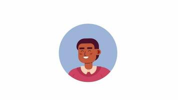 Afro american young adult office intern 2D avatar round icon animation. Internship business flat cartoon 4K video, transparent alpha channel. Animated person facial expression on white background video