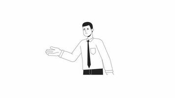 Male teacher talking bw animation. Animated character boss suit man in office. Professor. Monochrome 2D flat outline cartoon 4K video, white background, alpha channel transparency for web design video