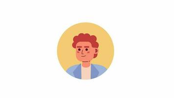 Male curly redhead employee 2D avatar round icon animation. Office worker man portrait. Flat cartoon 4K video, transparent alpha channel. Animated person facial expression on white background video