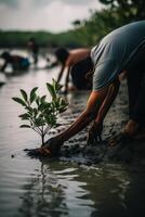 restaurar el línea costera comunidad compromiso en plantando manglares para ambiente conservación y habitat restauracion en tierra día, promoviendo sostenibilidad. tierra día generativo ai foto