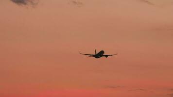 passagerare jet flygplan avresa, flyga bort på solnedgång. flygplan i flyg. turism och resa begrepp video