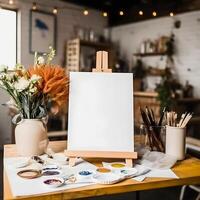 Artistic Inspiration Vibrant Art Studio Display with a Blank White Mockup Frame photo