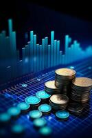Tech-Infused Investment Success 3D Coin Background with Blue Finance Graph photo