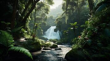 Beautiful forest with waterfall for background and wallpaper, photo