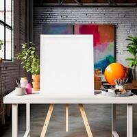 Artistic Inspiration Vibrant Art Studio Display with a Blank White Mockup Frame photo