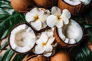 Coconut Slices with Leaves and Flowers for Summer Aesthetic photo