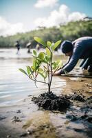 restaurar el línea costera comunidad compromiso en plantando manglares para ambiente conservación y habitat restauracion en tierra día, promoviendo sostenibilidad. tierra día generativo ai foto