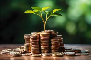 Financial Growth Blooms Seedlings on Stacked Coins, a Vibrant Symbol of Investment and Savings photo