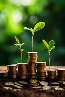 Financial Growth Blooms Seedlings on Stacked Coins, a Vibrant Symbol of Investment and Savings photo