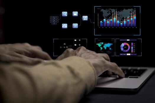 businessman working with business Analytics and Data Management System on computer, online document management and metrics connected to database. Corporate strategy for finance, operations, sales. photo