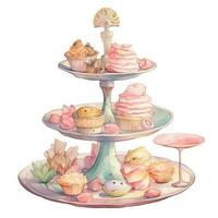 Watercolor Painting of Dessert Food Tiered Tray for a Tea Party. photo