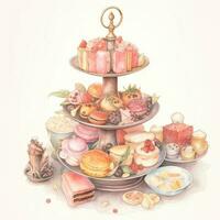 Watercolor Painting of Dessert Food Tiered Tray for a Tea Party. photo